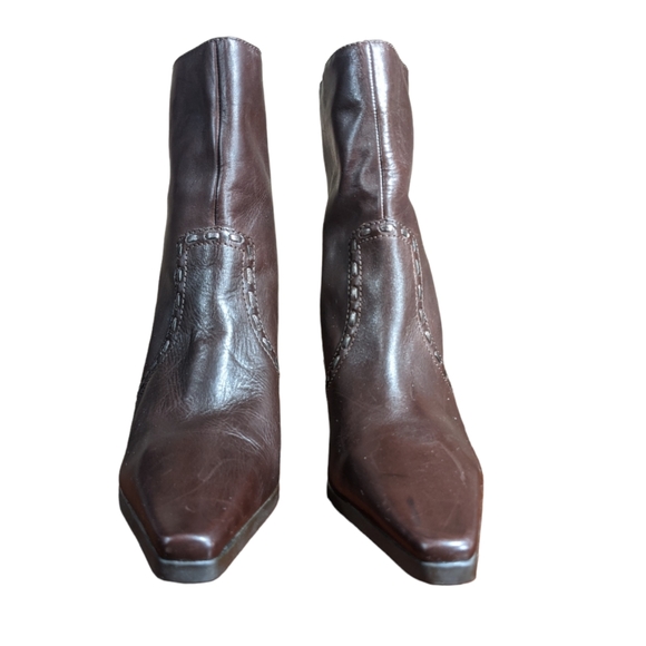 Ankle Boot Brown 10B Square Pointed Toe Metallic Bronze Stitching Rectangle Heel - Picture 15 of 16